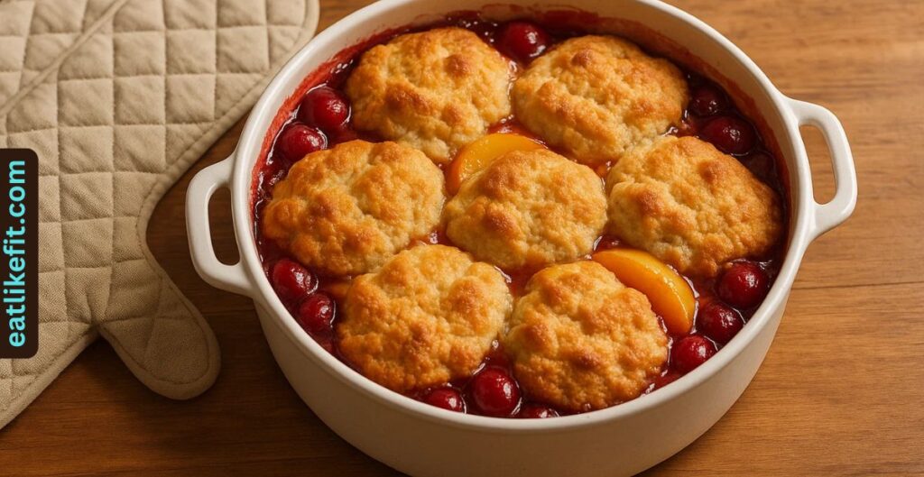 Freshly baked cherry peach cobbler with golden crust and bubbling fruit.