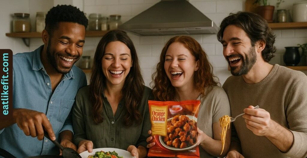 “Friends cooking and sharing Trader Joe’s recipe hacks in a home kitchen.”