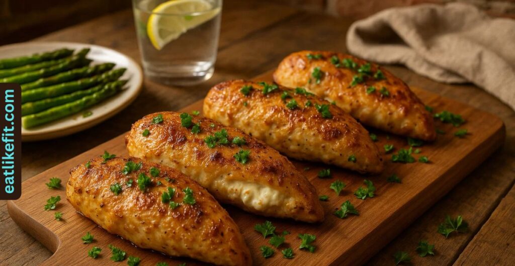 Golden-brown cream cheese stuffed chicken breasts served on a wooden board with fresh herbs and sides.