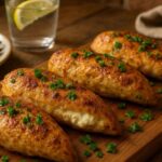 Golden-brown cream cheese stuffed chicken breasts served on a wooden board with fresh herbs and sides.