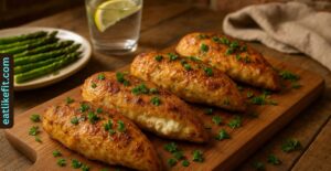 Golden-brown cream cheese stuffed chicken breasts served on a wooden board with fresh herbs and sides.