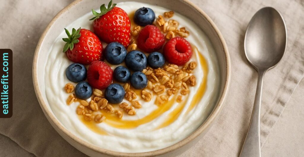 “Greek yogurt bowl with berries and granola.”
