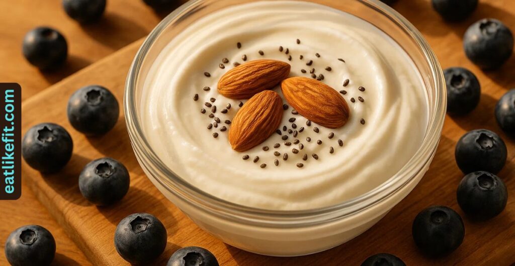 Greek yogurt with chia seeds, almonds, and blueberries on a wooden surface.