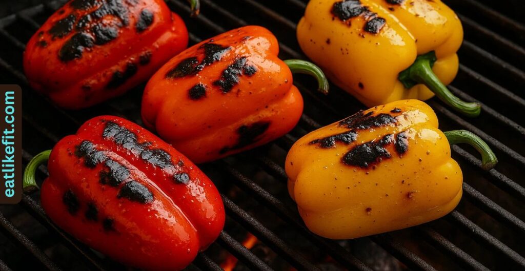 Grilled sweet peppers on barbecue.