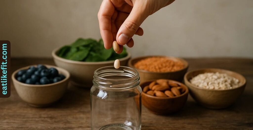 Hand dropping a bean into a Diversity Jar to track plant foods eaten