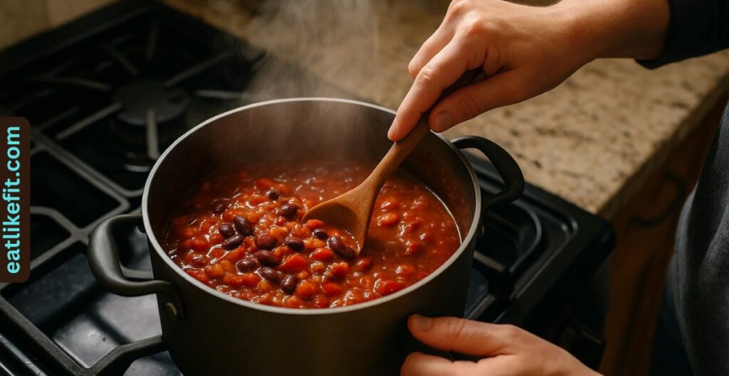 Hands stirring a pot of homemade chili on a stovetop.