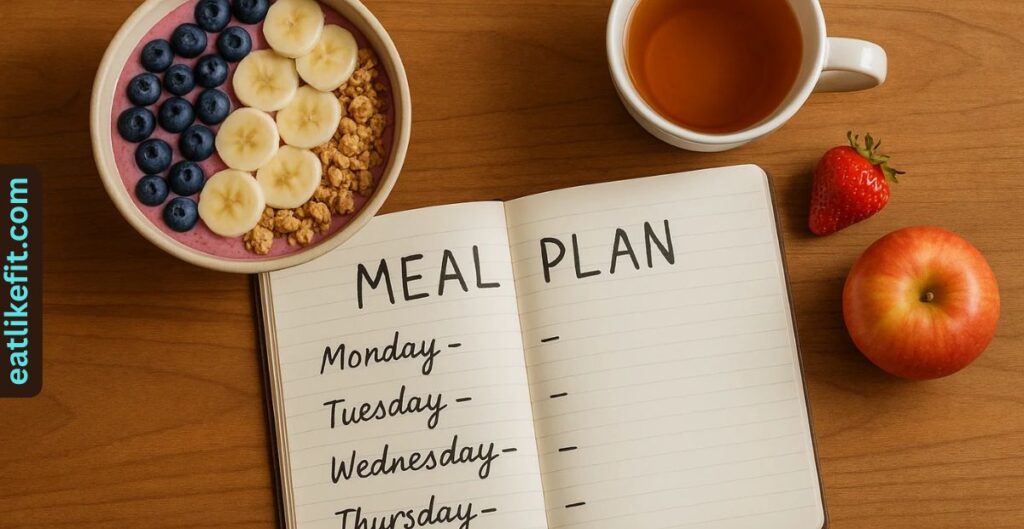 "Handwritten 7-day menopause diet meal plan with smoothie and fruit on table."