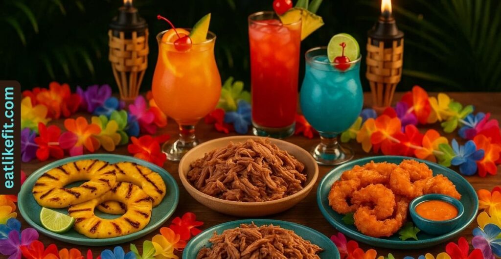 Hawaiian luau dinner with tropical dishes and festive decorations.