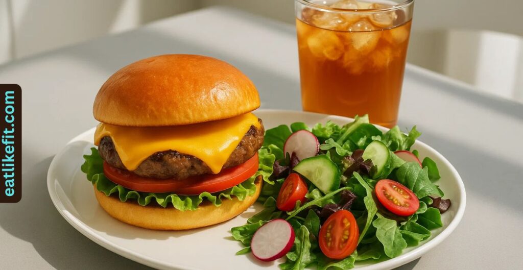 “Health-conscious cheeseburger meal with salad and iced tea.”