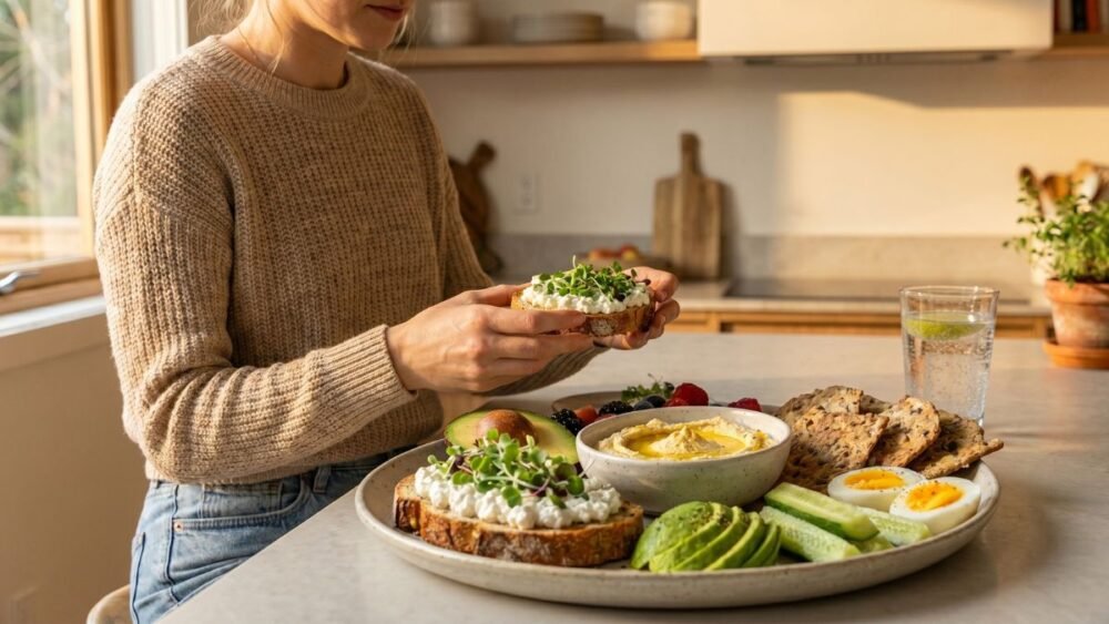 Healthy girl dinner ideas with snack plate including cottage cheese toast, eggs, hummus, avocado, crackers, and fresh vegetables in a cozy kitchen
