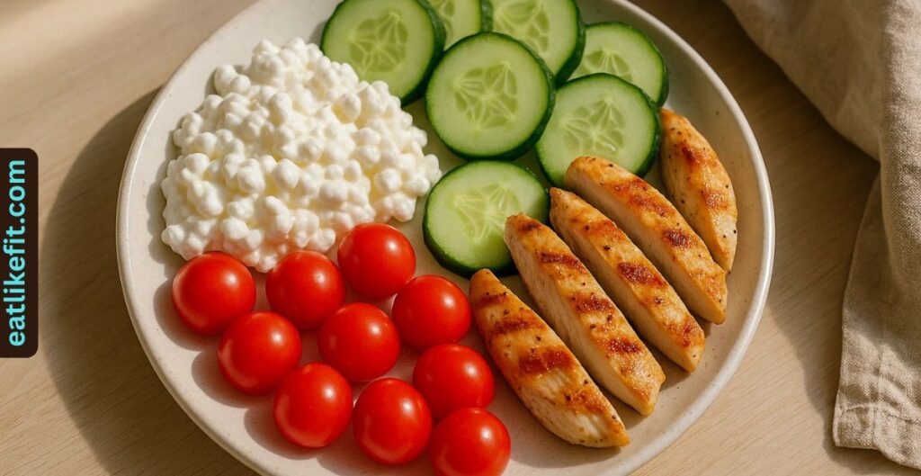 “Healthy girl dinner plate for weight loss with protein and veggies.”