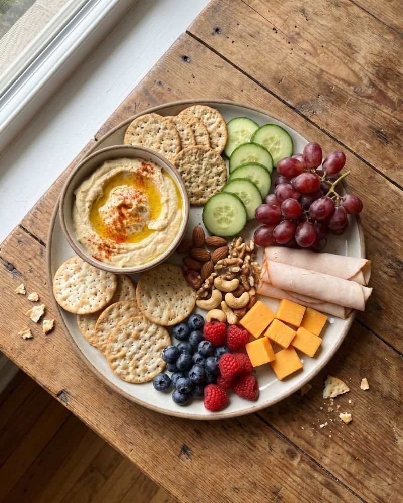 Healthy snack plate girl dinner with hummus crackers cheese grapes turkey and vegetables