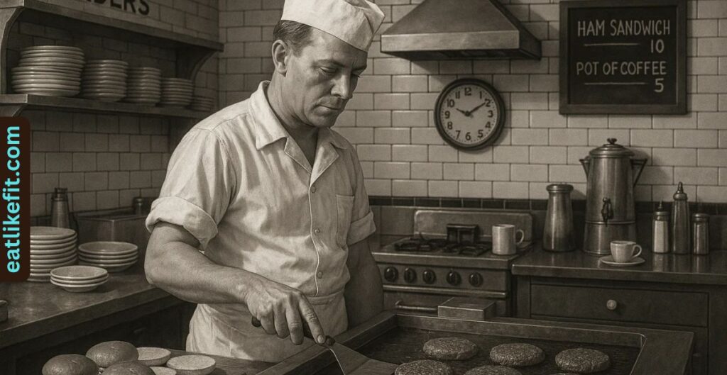 Historic 1920s diner kitchen representing the origins of the cheeseburger.