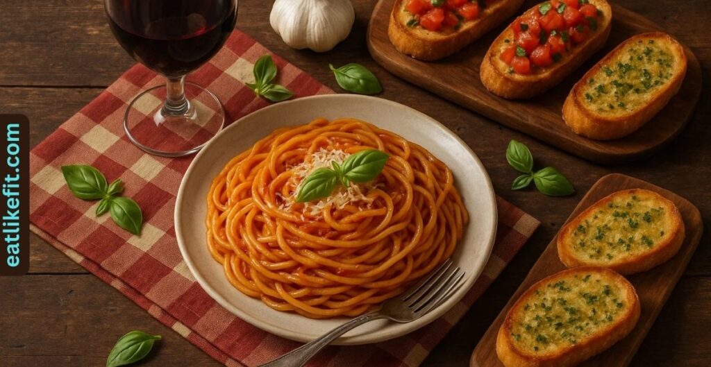 Italian pasta dinner spread with spaghetti, bruschetta, and wine.