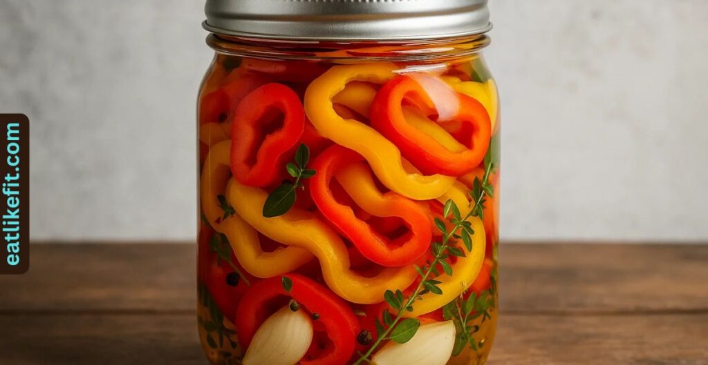 Jar of homemade pickled sweet peppers.