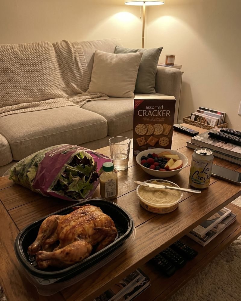 Lazy girl dinner ideas with rotisserie chicken salad crackers hummus and fruit