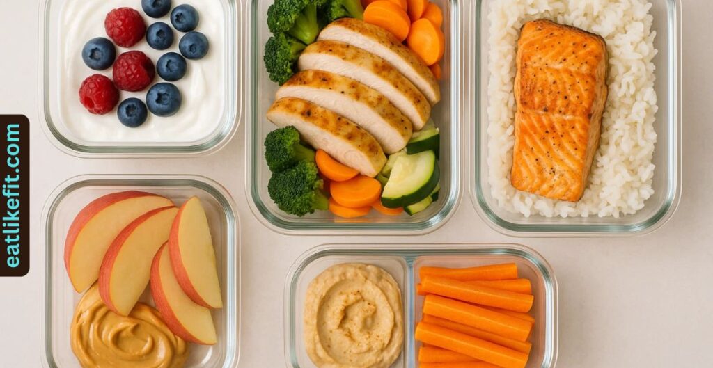 Meal prep showing three meals and two snacks designed for a 1700 calorie diet.