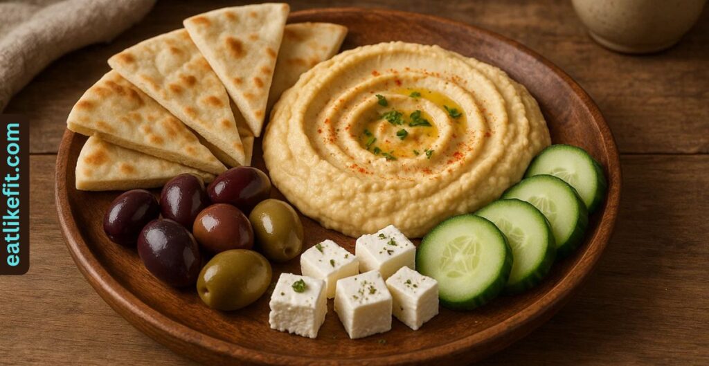 “Mediterranean snack plate with hummus, pita, and fresh veggies.”