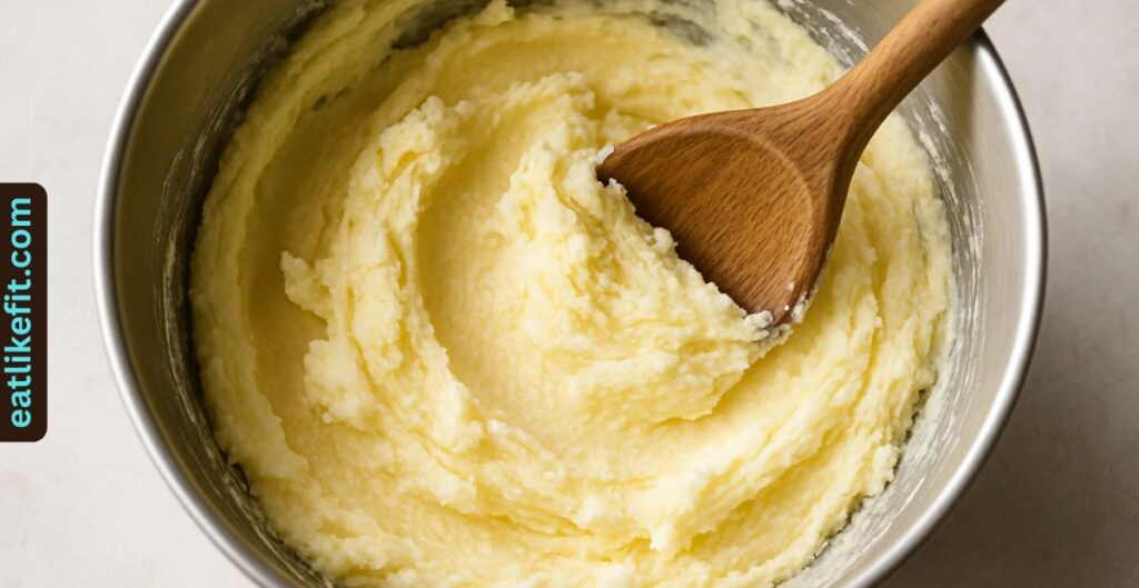 Mixing butter and sugar in a bowl with a wooden spoon.