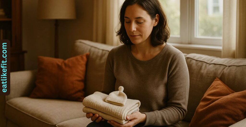 Parent sitting on a couch holding a baby blanket and hat in their hands.