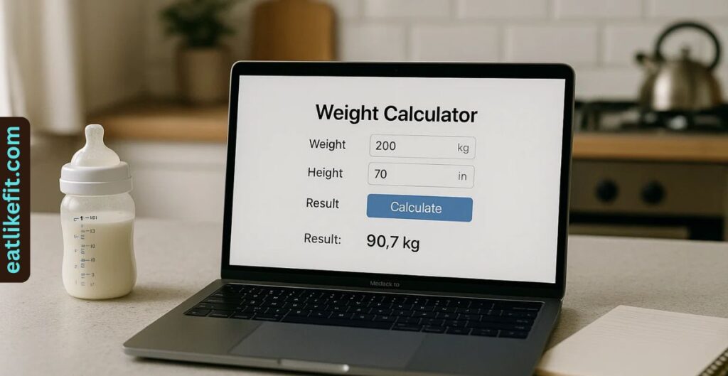 Parent using a newborn weight loss calculator on a laptop at home.