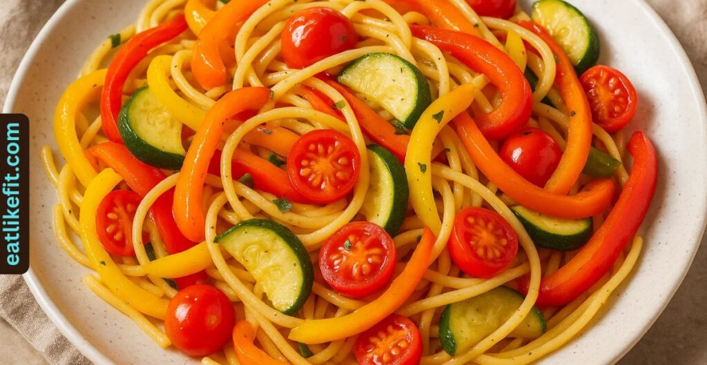 Pasta primavera with colorful sweet peppers.