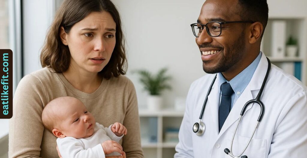 Pediatrician speaking with a mother holding her newborn.
