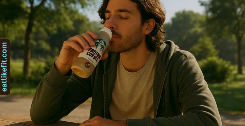 Person drinking Starbucks protein coffee outdoors in the morning.