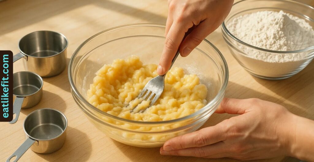 Person mashing ripe bananas in a mixing bowl.