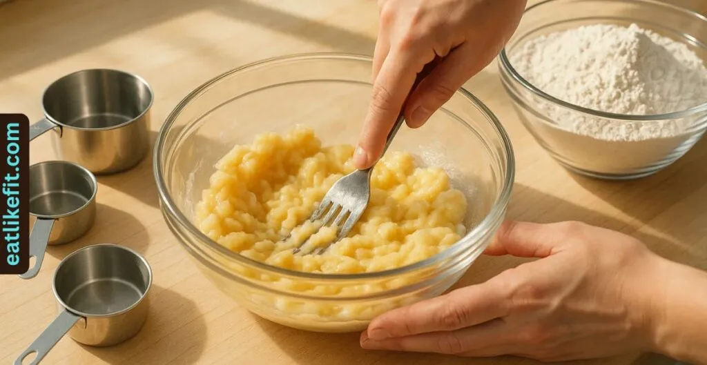 Person mashing ripe bananas in a mixing bowl.