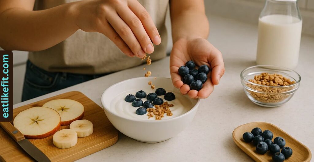 Person preparing a homemade yogurt bowl with granola and blueberries.