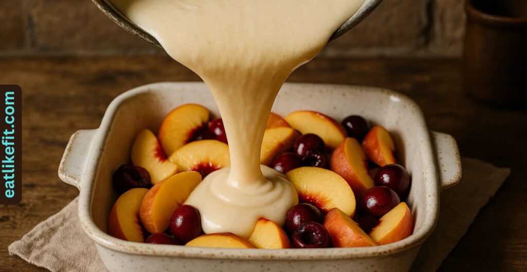 Pouring cobbler batter over peaches and cherries in a baking dish.