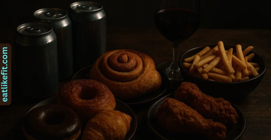 Processed foods, sugary drinks, pastries, and alcohol to avoid during menopause.