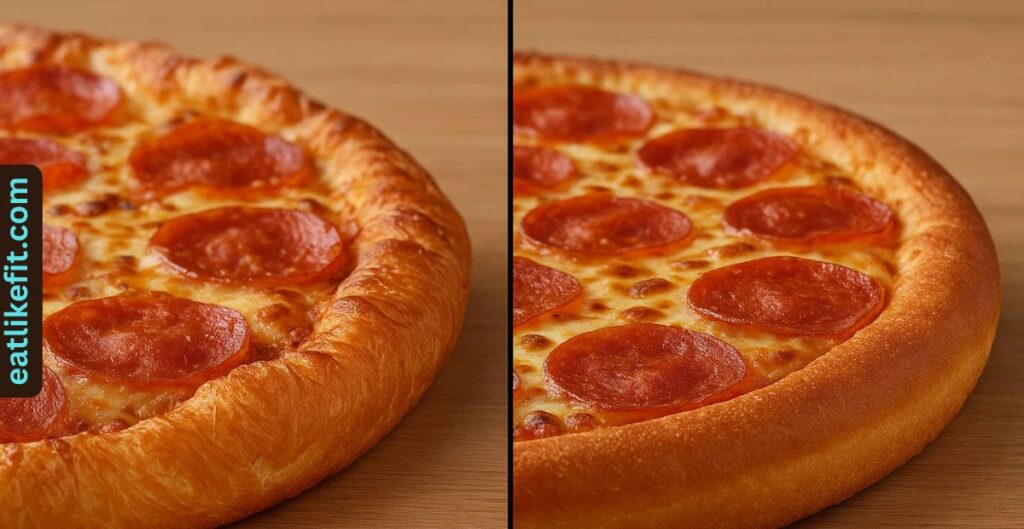 Side-by-side comparison of Croissant Pizza vs pan pizza crusts.