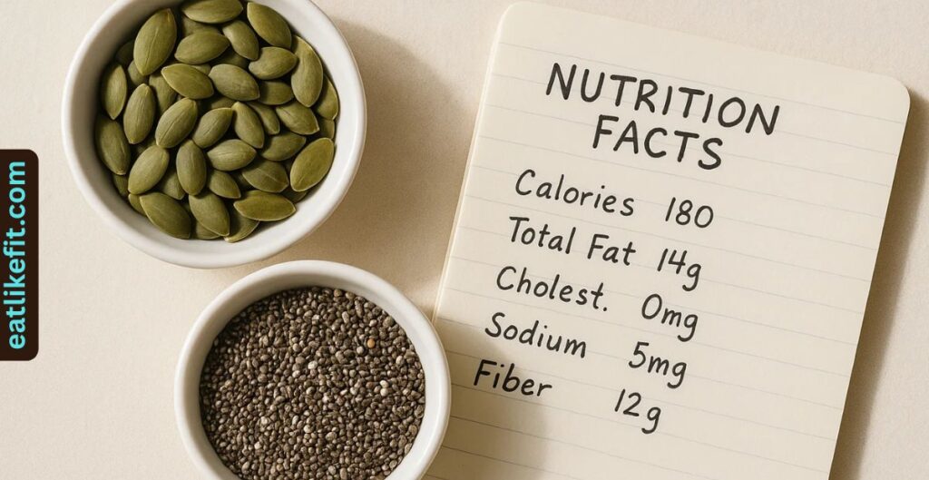 Side-by-side comparison of pumpkin seeds and chia seeds with nutrition notes.
