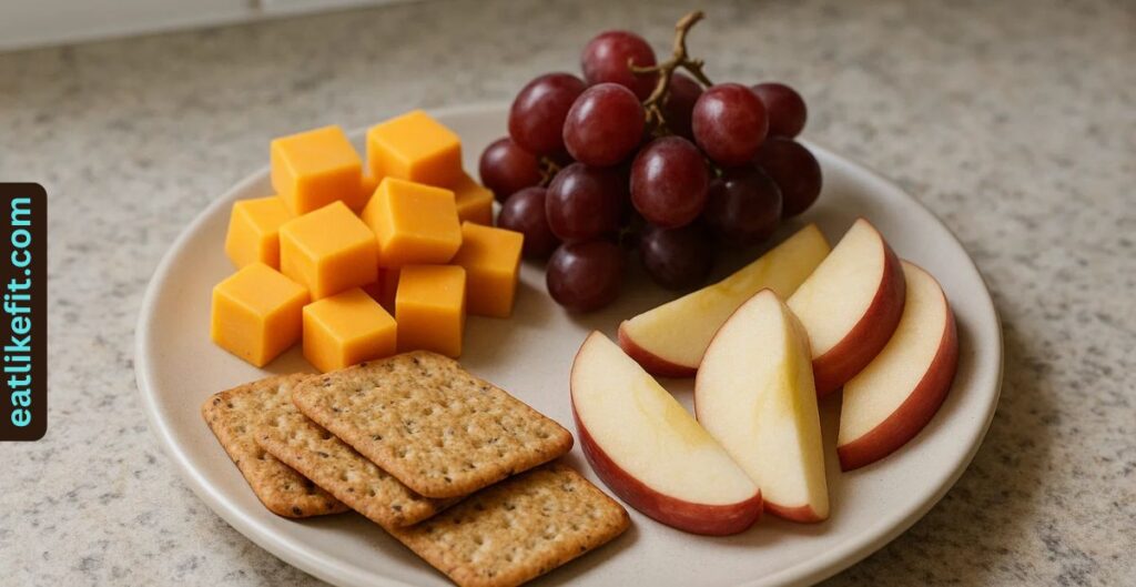 “Snack plate with cheese, grapes, and crackers.”