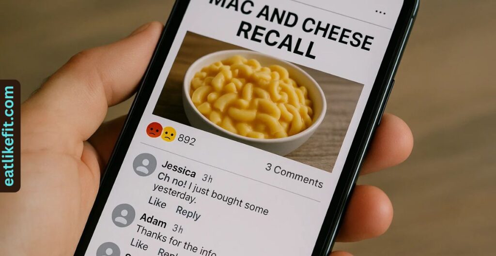 Social media post about mac and cheese recall with public reactions.