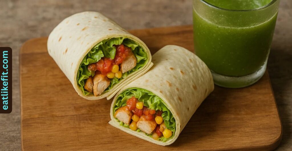 “Southwest chicken wrap with fresh vegetables and green juice from Salad and Go.”