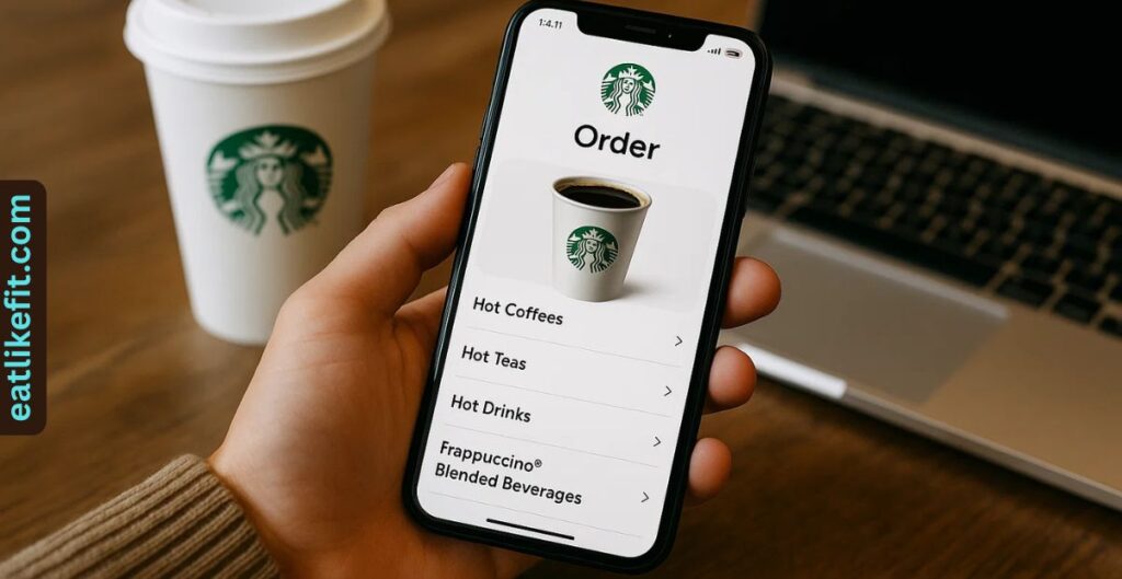 “Starbucks mobile ordering app displayed on a smartphone.”