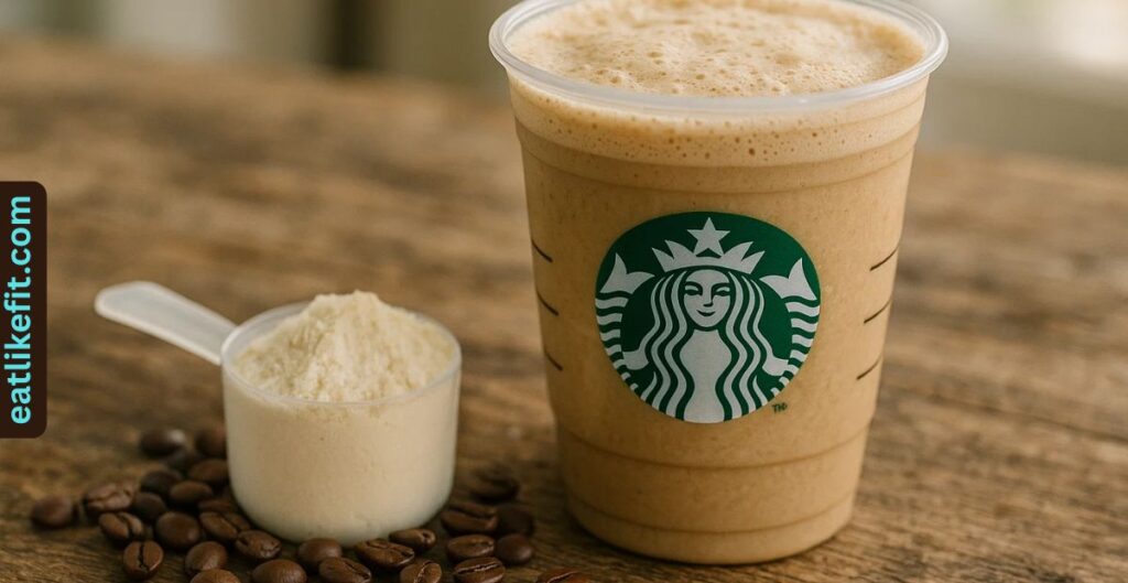 Starbucks protein coffee with protein powder and coffee beans on a table.