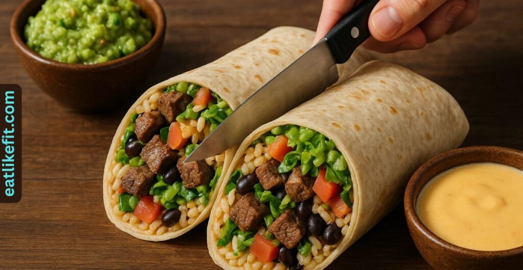 Steak burrito with guacamole and queso sides for Chipotle’s BOGO deal.