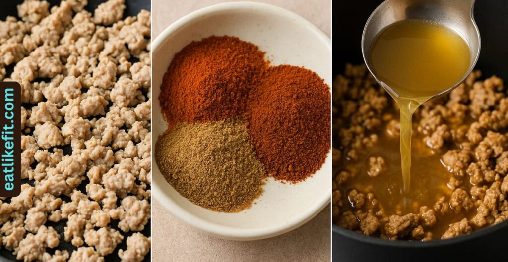Step-by-step images showing chili cooking: meat browning, spices, and broth being added.