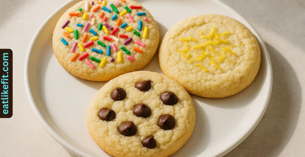 Sugar cookies with sprinkles, chocolate chips, and lemon zest.