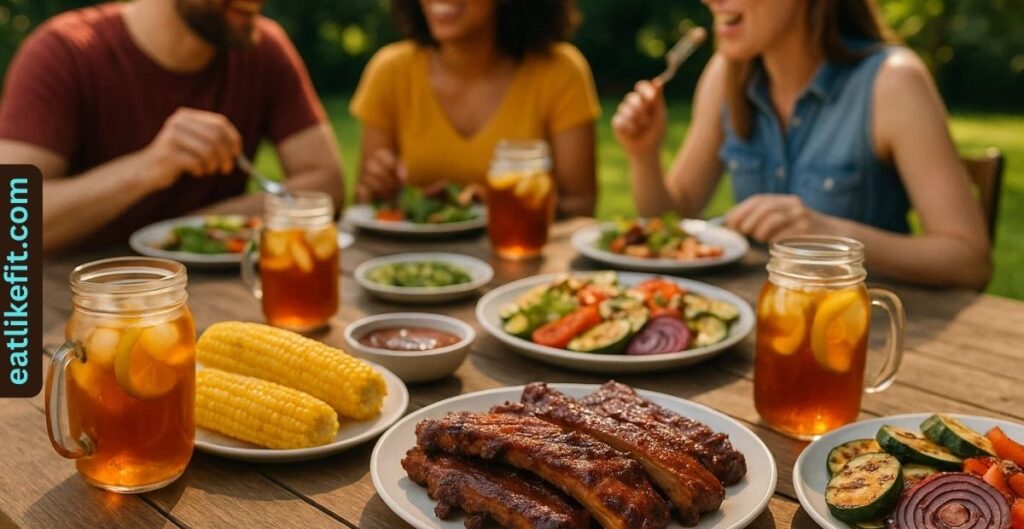 Summer BBQ feast with ribs, corn, and grilled vegetables.