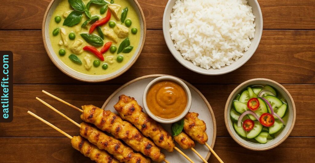 Thai cucumber salad served alongside curry, satay, and jasmine rice.