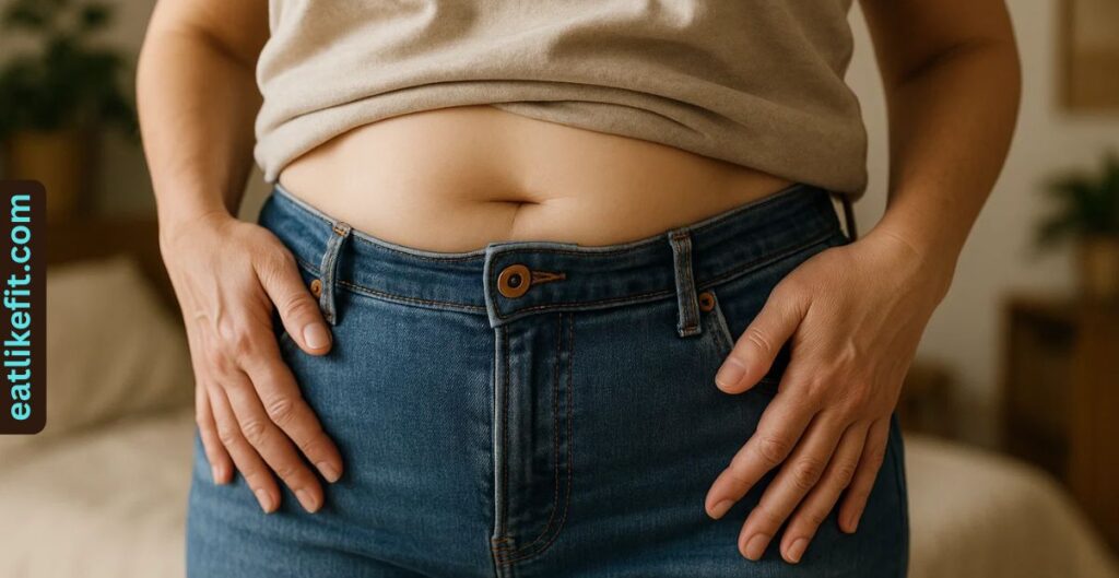 Tight-fitting jeans symbolizing body changes and weight gain during menopause.