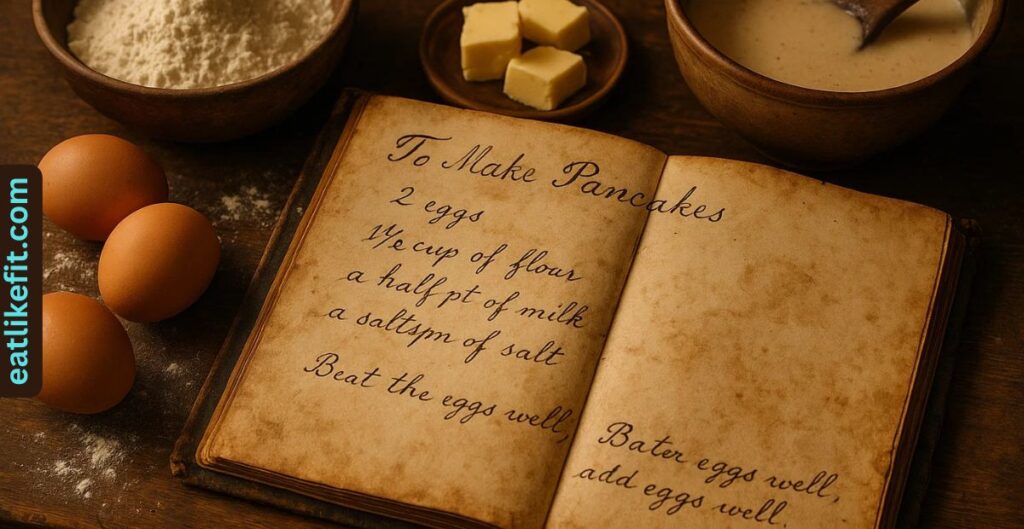 “Traditional pancake ingredients and an old recipe book symbolizing the history of Pancake Day.”