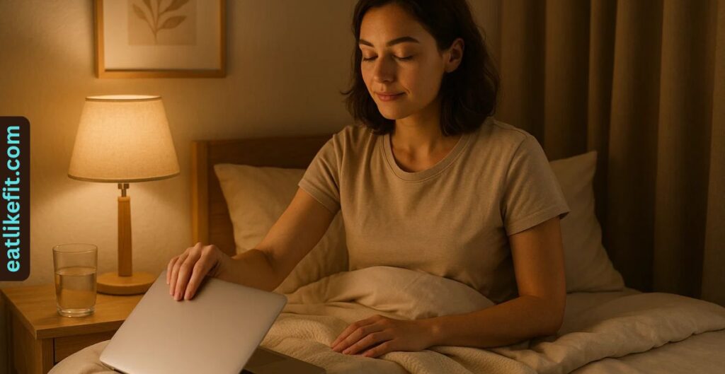 Woman putting away laptop at night to improve sleep quality during menopause.