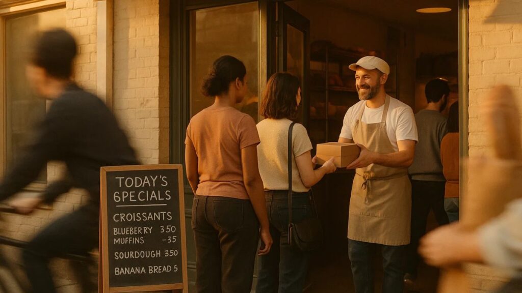 A neighborhood bakery with a chalkboard menu