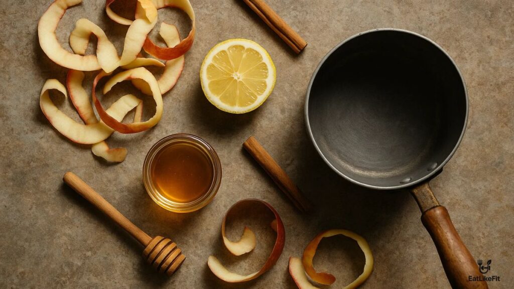 Ingredients for apple peel tea recipe including apple peels, cinnamon, lemon, and honey